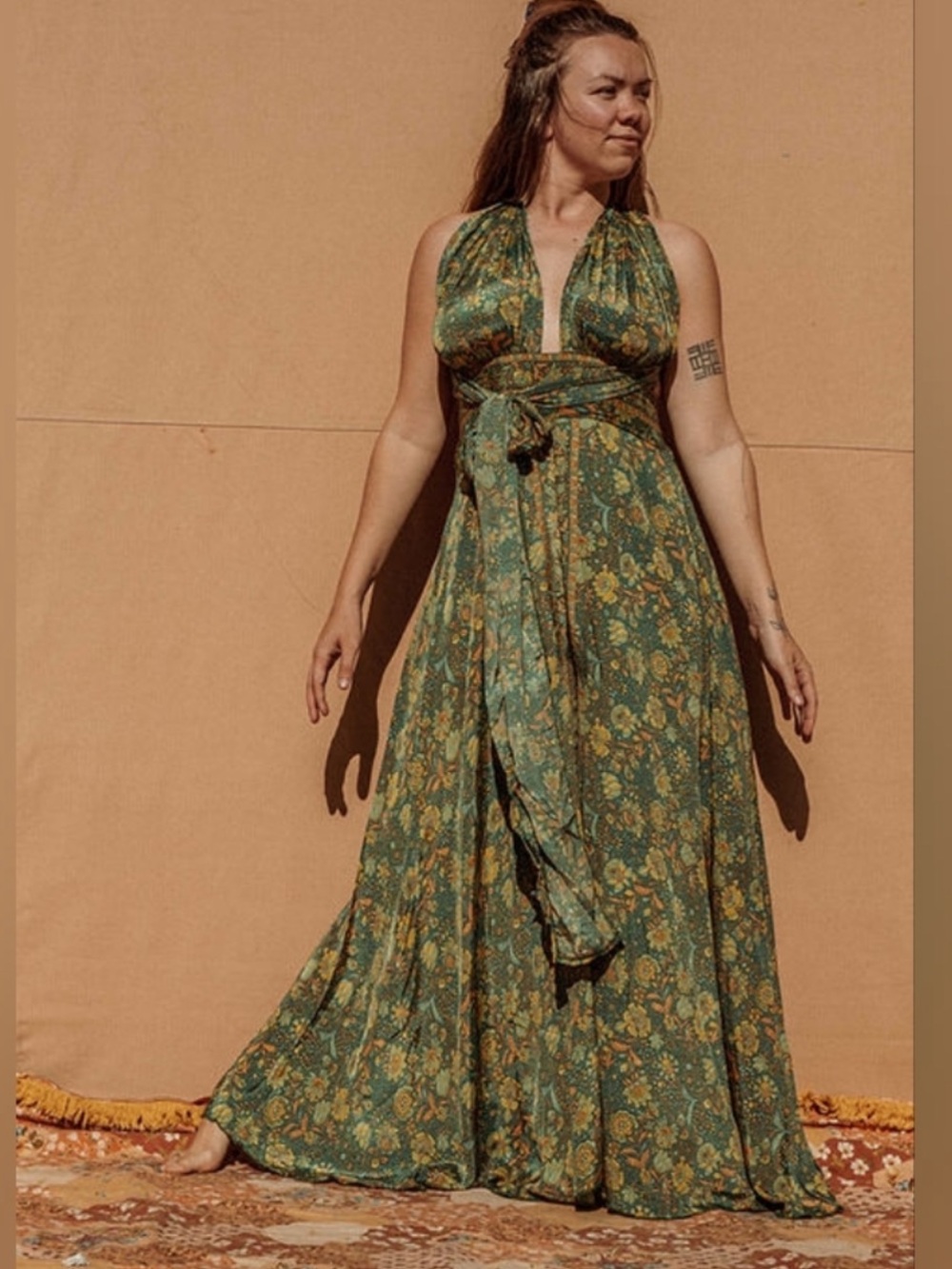 GardenBelle | Silk Handmade Floral Summer Green Floral Halter Flowy Maxi Dress